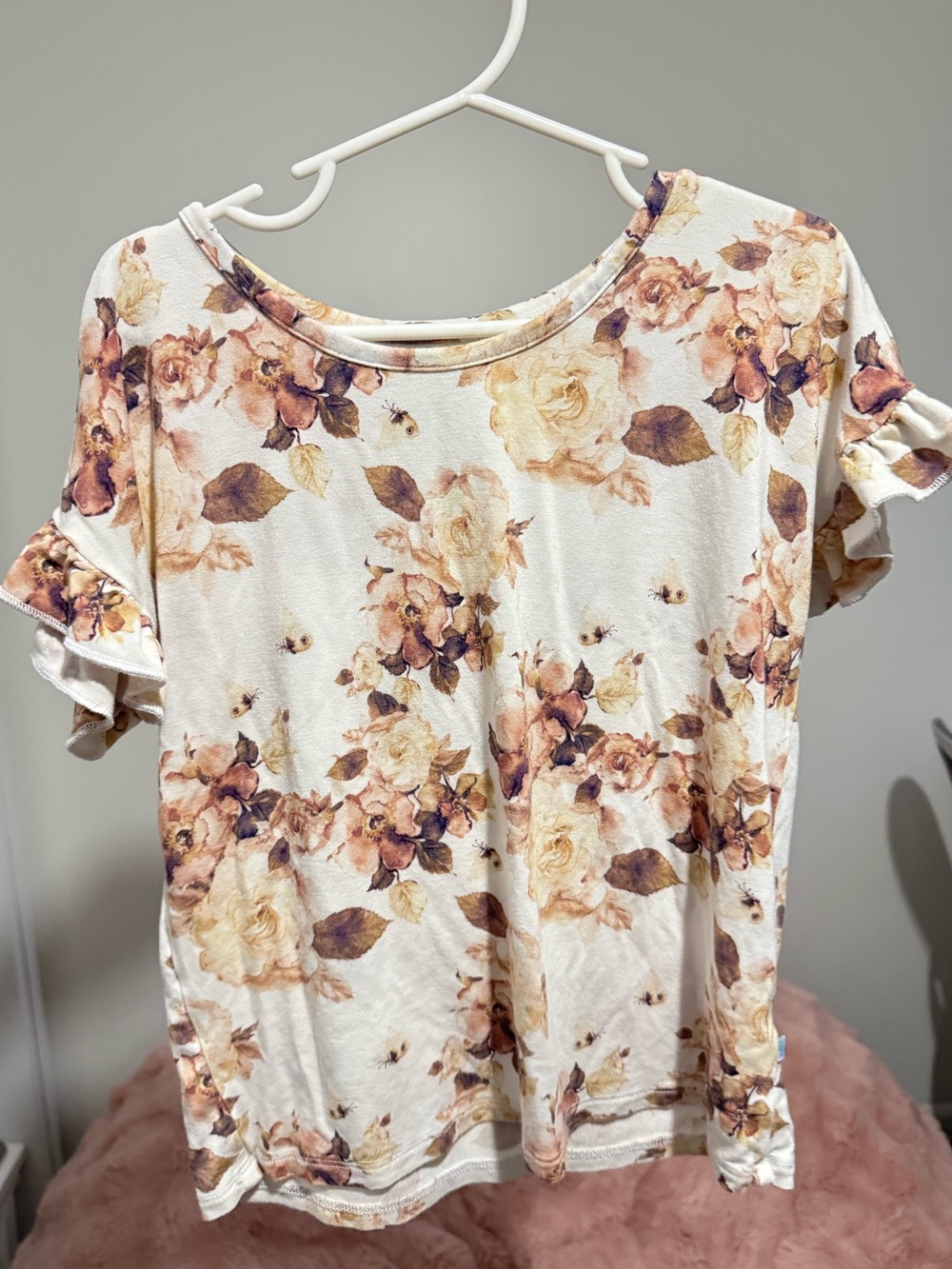 Posh Peanut Girls Cream Floral Ruffle Sleeve Scoop Neck Top